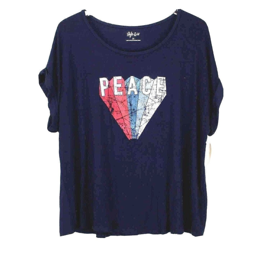 Style & Co Graphic Short Sleeve Tee 1X Blue Cuffed Round Neck Peace Hippie Boho